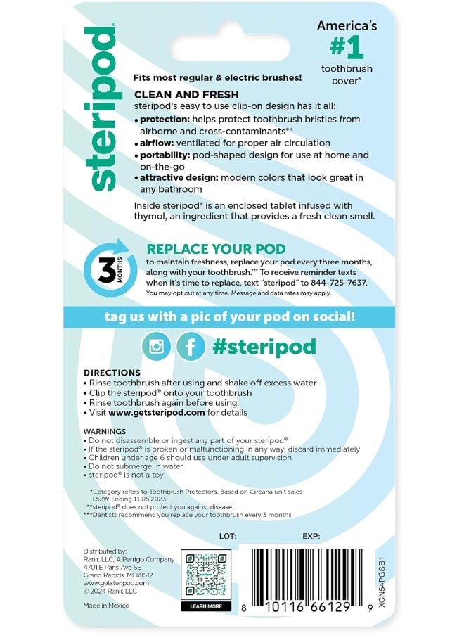 Steripod Clip-On Toothbrush Protector, Blue, Green, Red, Orange, 4 Count - Image 2